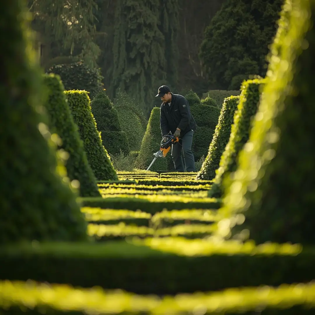 Professional gardener trimming shrubs in a manicured estate garden