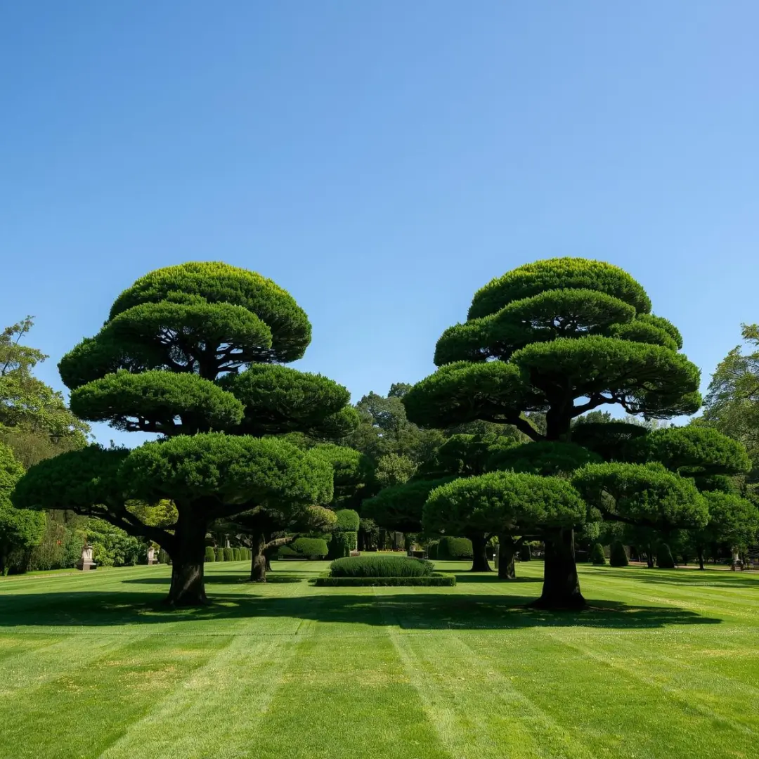 Majestic trees with expertly pruned canopies in estate garden